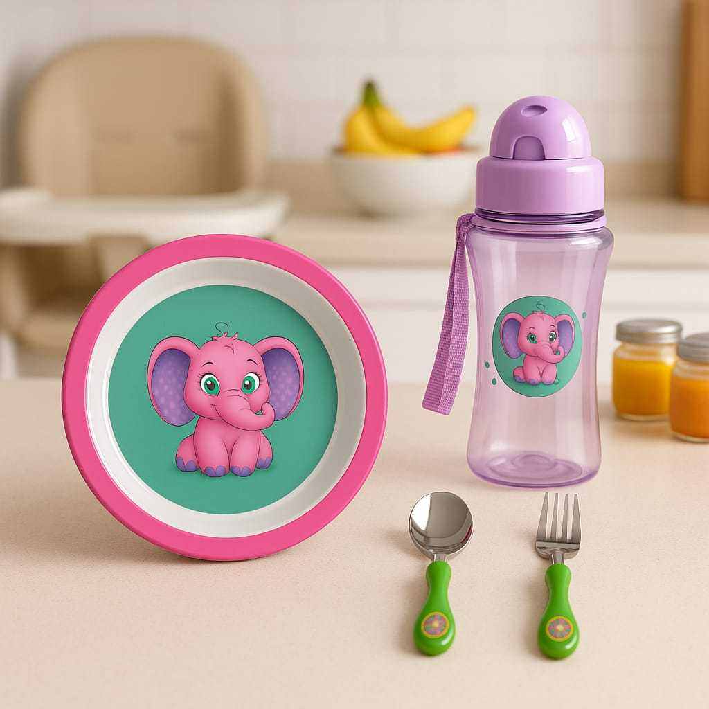 Kit 4 Peças Alimentação Para Papinha Infantil Elefantinho Rosa – Prato Talher E Garrafinha Bebê em Oferta na Shopee