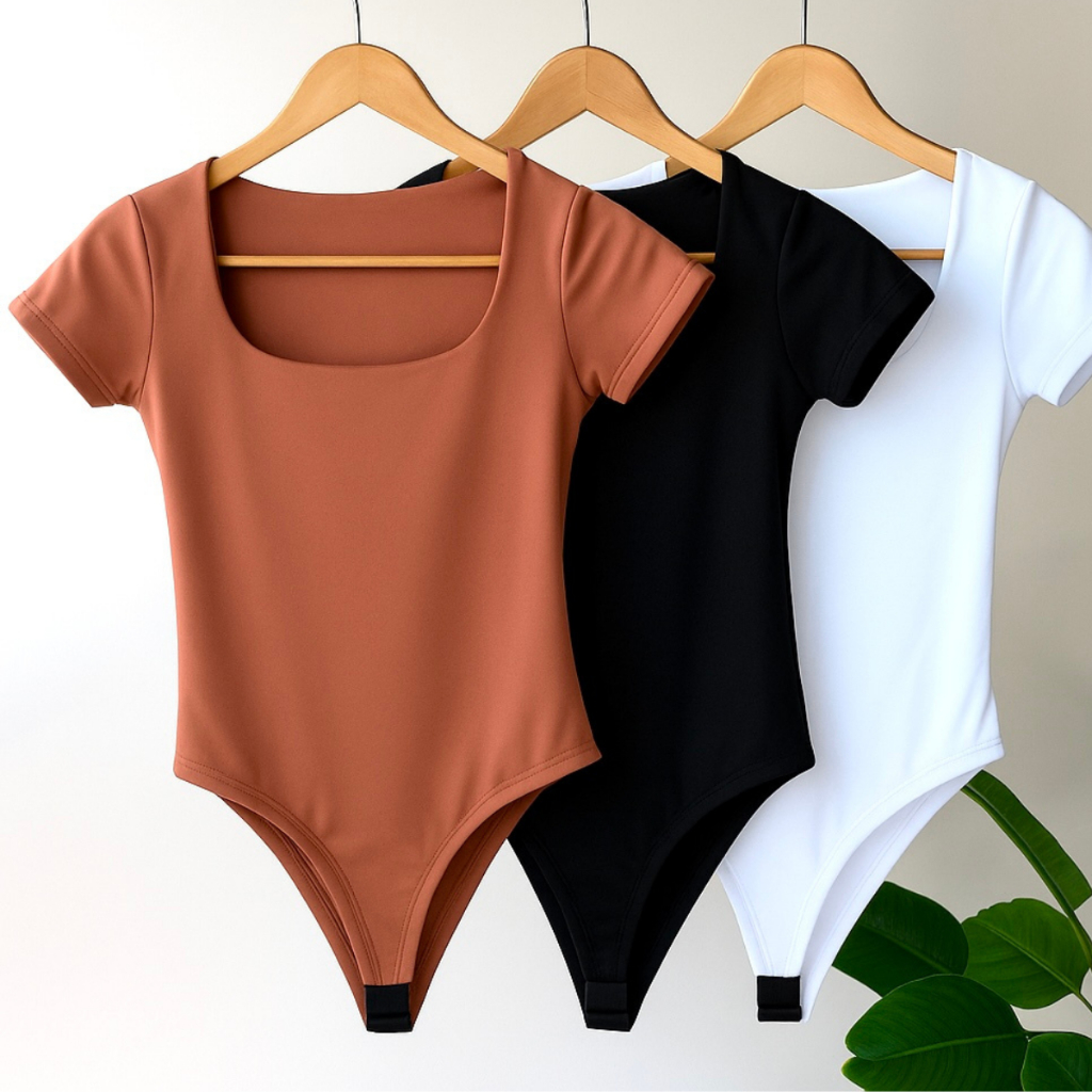 Kit 3 Body Feminino Decote Quadrado Manga Curta Tecido Suplex Moda Verão Tendência