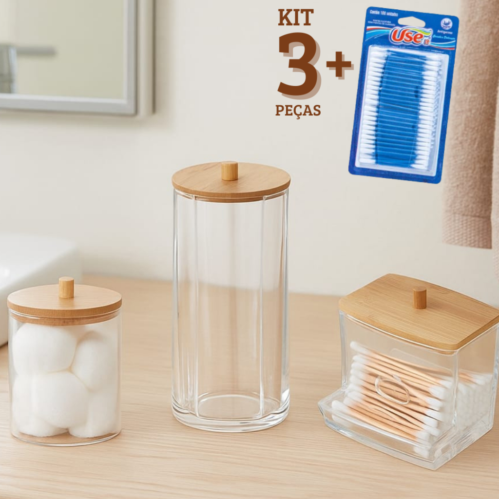 Kit 3 Peças Organizador Acrílico Com Tampa De Bambu Algodão Disco Cotonete Hastes Flexíveis Para Banheiro Maquiagem