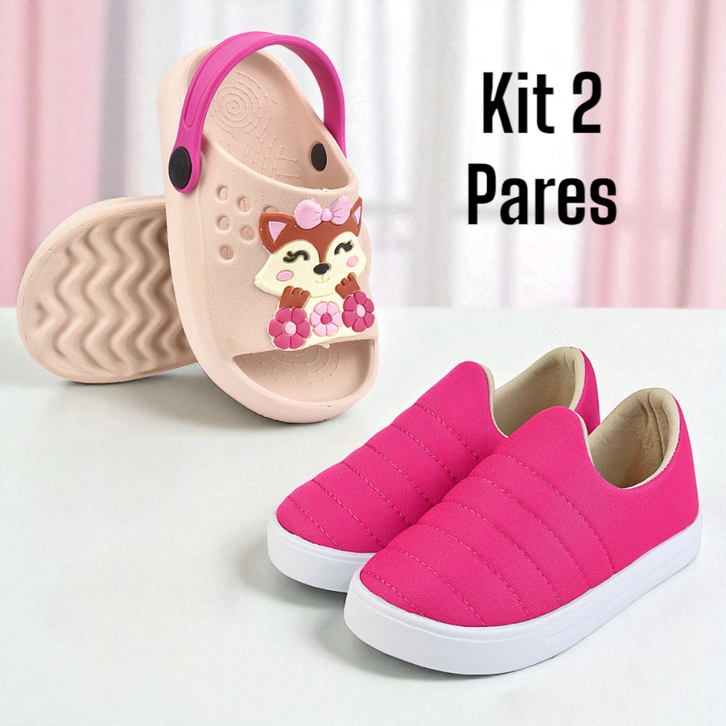 Kit 2 Pares Tênis Infantil Feminina Confortável e Sandália Papete Macia Antiderrapante