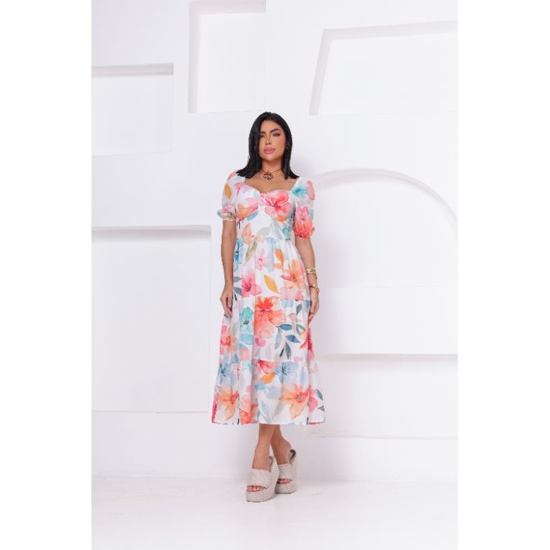 Vestido Feminino Midi em Crepe Aya (toque de seda) com Estampa Suave - Manga Curta