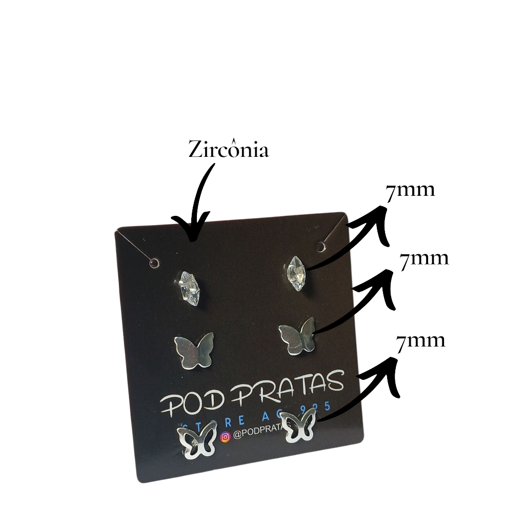 Trio de Brincos Borboleta Vazado Navete Zircônia Borboleta Estampado Prata Legitima (Prata 925)