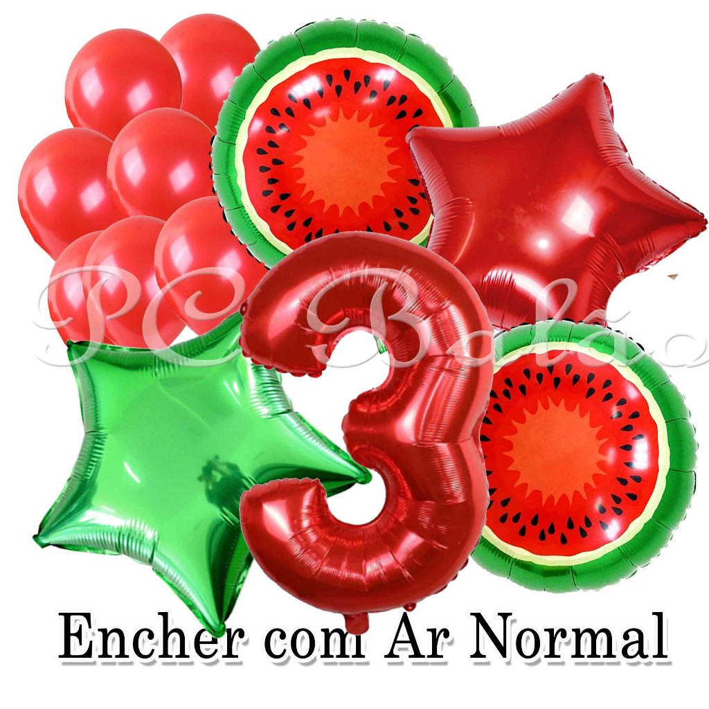 Kit 12 Balão Metalizado 2 MELANCIA 45CM + 7 Bexiga Vermelha + 1 N° 70cm VERMELHO 2 Estrela VERDE em Oferta na Shopee