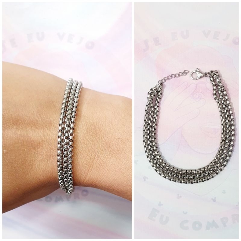 Pulseira aço inox 3 voltas elos moda feminina bracelete cirúrgico em Oferta na Shopee