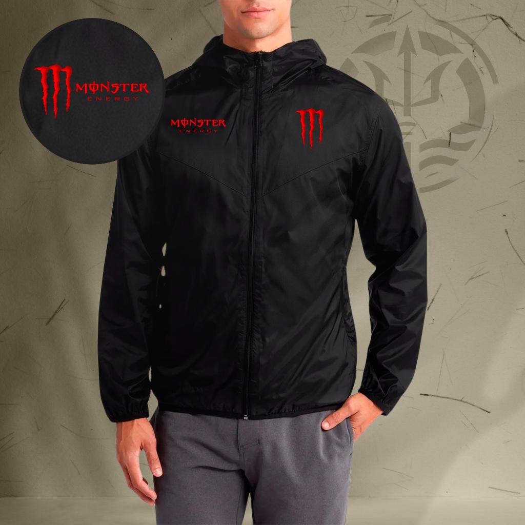 Jaqueta Corta Vento Masculina - MONSTER 03 - Com Capuz, Bolso e Zíper - Academia Corrida Esportes