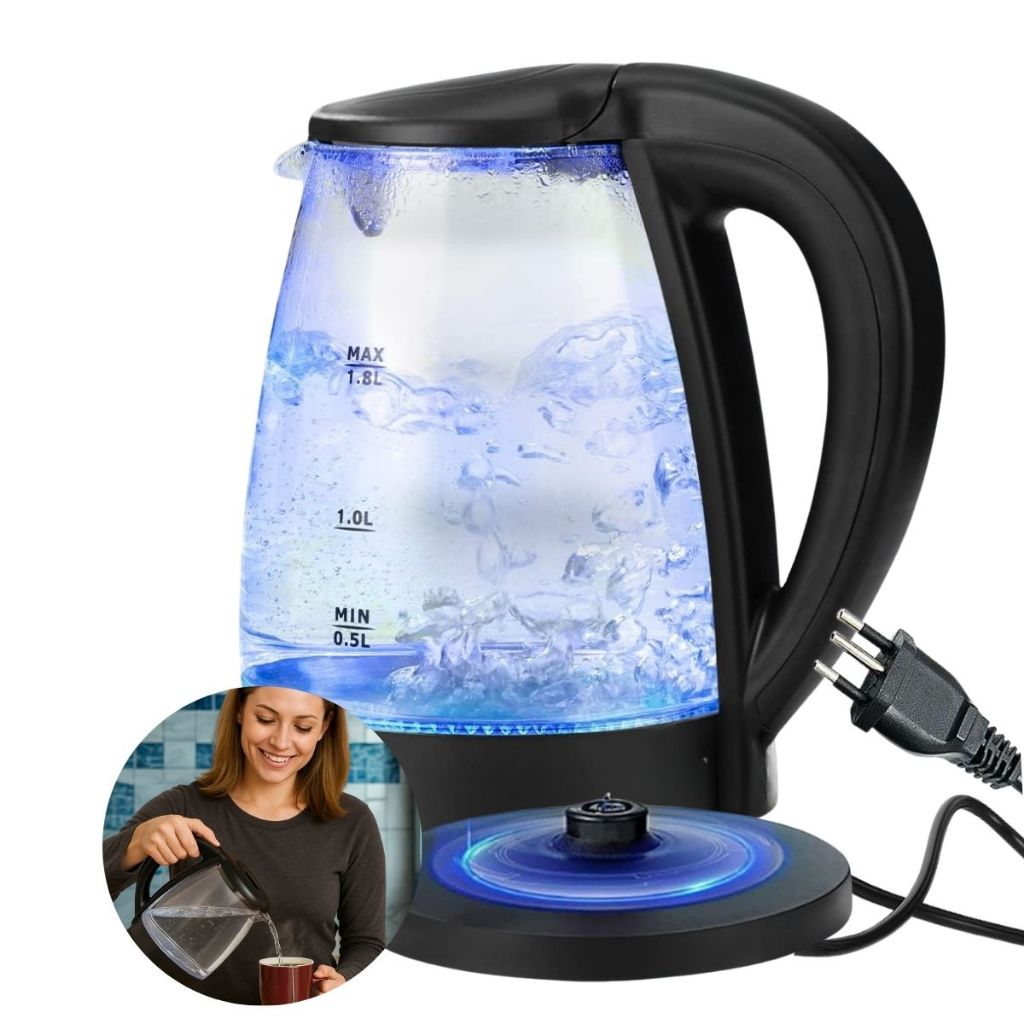 Chaleira Elétrica de Vidro com Iluminação Azul 1.8 Litros Potente Desligamento Automático Resistente