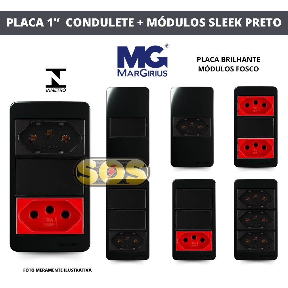 TAMPA CONDULETE  1''  COM INTERRUPTOR SIMPLES PARALELO, TOMADA 10A, 20A SLEEK EBONY PRETO MARGIRIUS