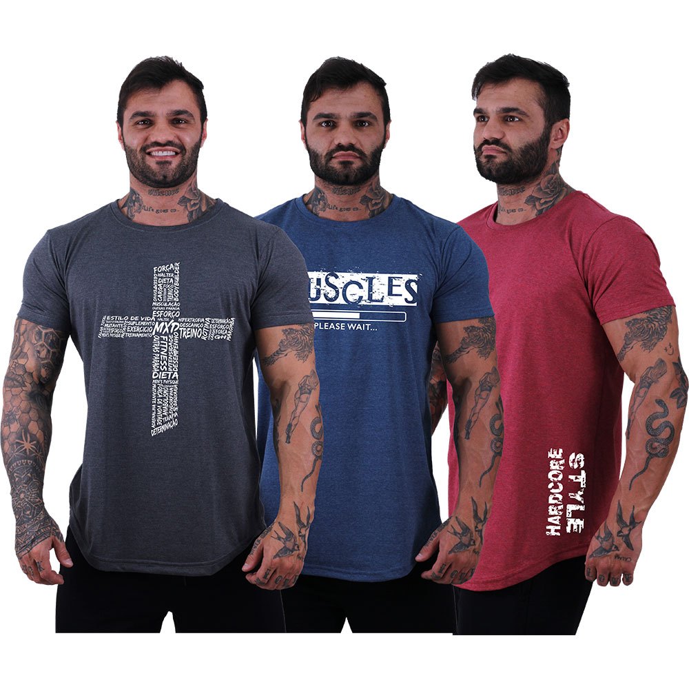 Kit 3 Camisetas Longline Silk Screen Fios 30.1 Penteado Slim Estampas Casuais Crucifixo Motivacional