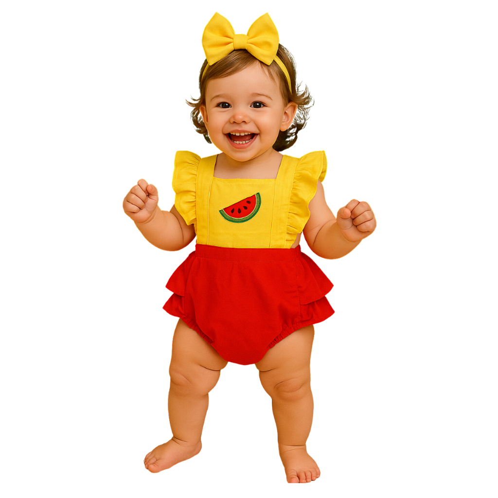 Romper Bebê Jardineira Melância com Laço Body Menina Festa Tricoline 100% Algodão em Oferta na Shopee