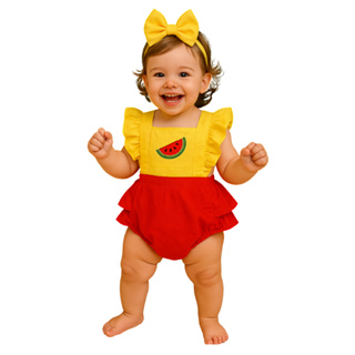 Romper Bebê Jardineira Melância com Laço Body Menina Festa Tricoline 100% Algodão em Oferta na Shopee