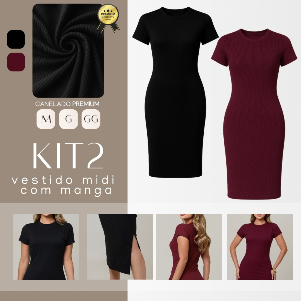 Kit C/2 Vestidos Midi Manga Curta Gola Redonda Fenda Lateral Malha Premium Canelada em Oferta na Shopee