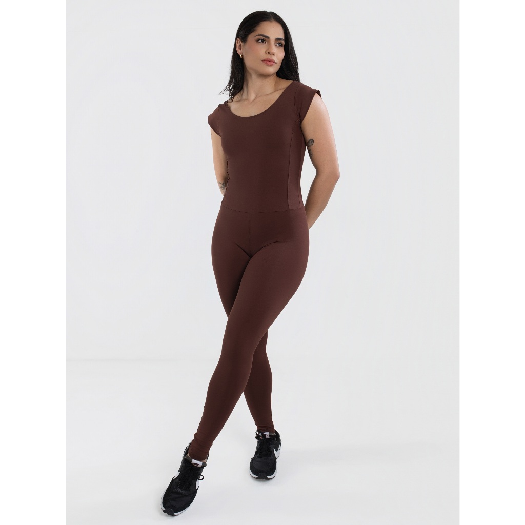 Macacão Premium Feminino Marrom Manga Curta Academia Poliamida Fitness MC233