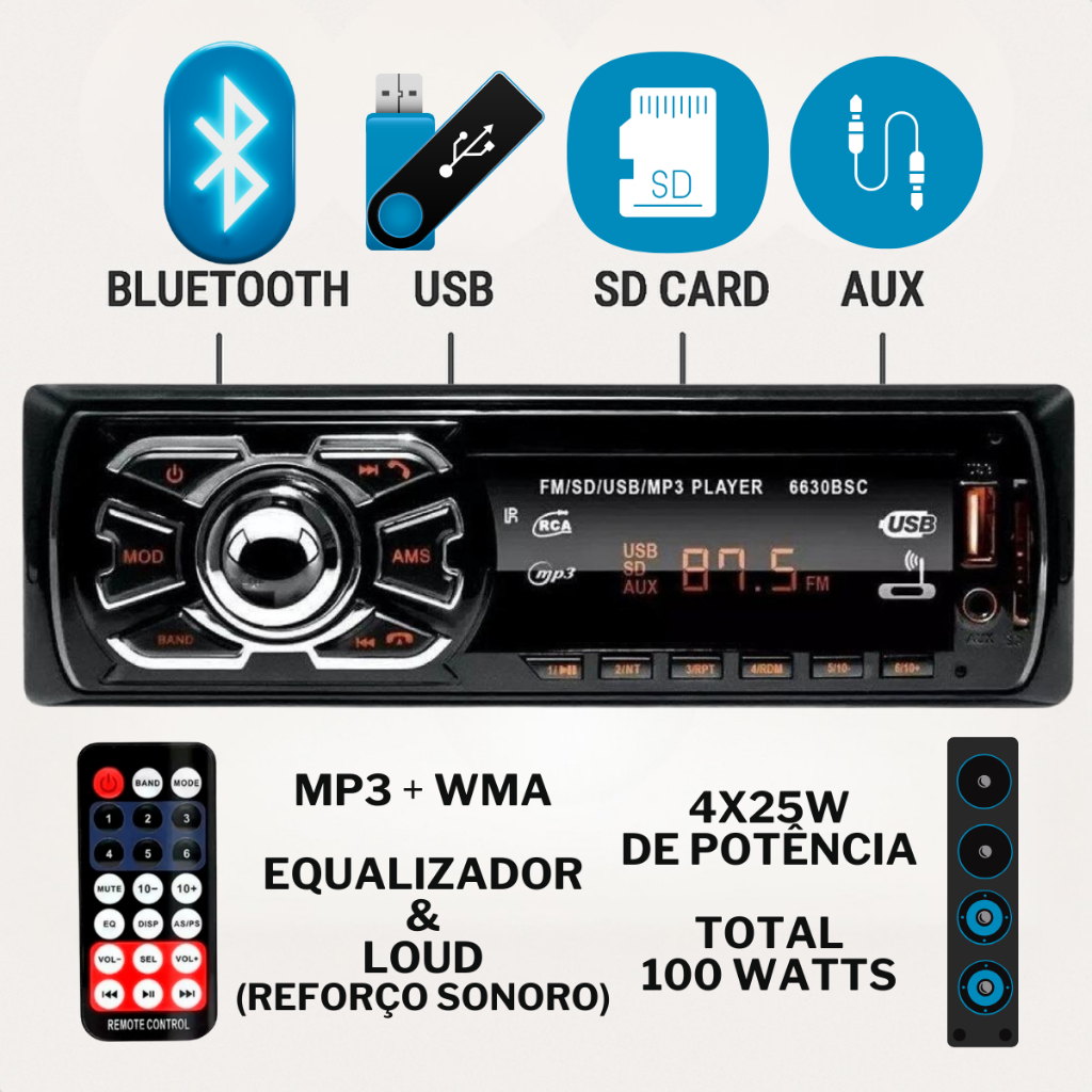 Rádio Automotivo Bluetooth MP3 USB SD 4x25W RCA AUX FM Comando de Voz Aparelho Som Carro 100 Watts