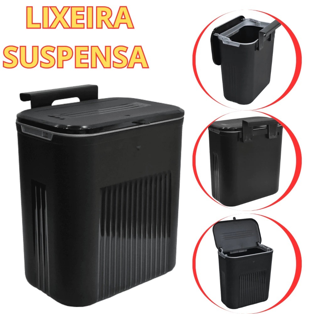 Lixeira Suspensa 9 Litros Com Tampa E Suporte Alto De Adesivos E Alça Preta em Oferta na Shopee
