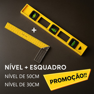Esquadro Régua Carpinteiro Pedreiro Metálico Aço De 30cm Kit Profissional e Nível Polímetro Pedreiro