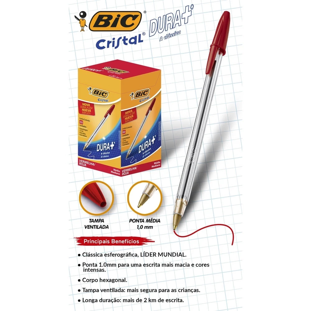 Detalhes do Kit de Caneta Bic Cristal Clássica Ponta Média 1.0 Esferográfica