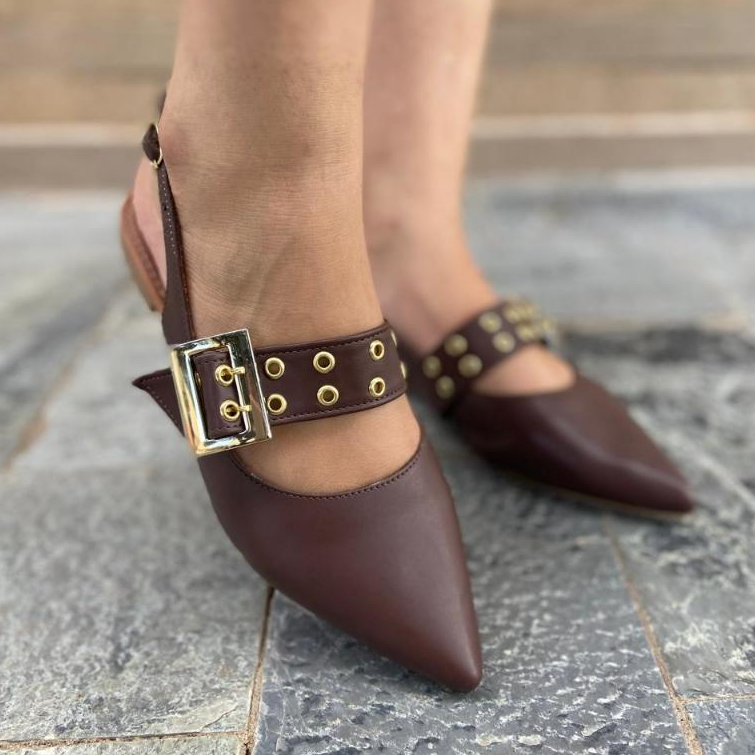 Linda Sapatilha Slingback Feminina Napa Café Fivela Ilhós Ouro - Donna Bella Frete Gratis e Envio Rapido