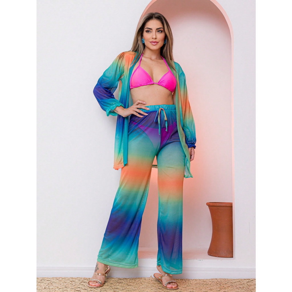 Conjunto Feminino Praia 2 Peças – Camisa + Calça Estampa Tropical | Look Moda Verão