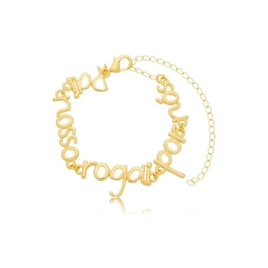 Pulseira Feminina Oração Pai Nosso Rogai por Nós Religiosa Semijoia Ouro