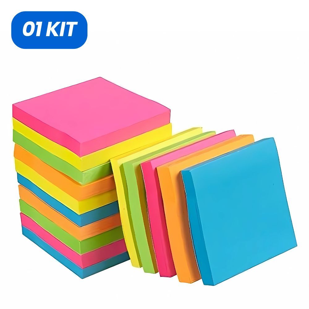 Kit Bloco de Notas Adesivo 76x76mm Colorido Folhas Anotações Mural Prático