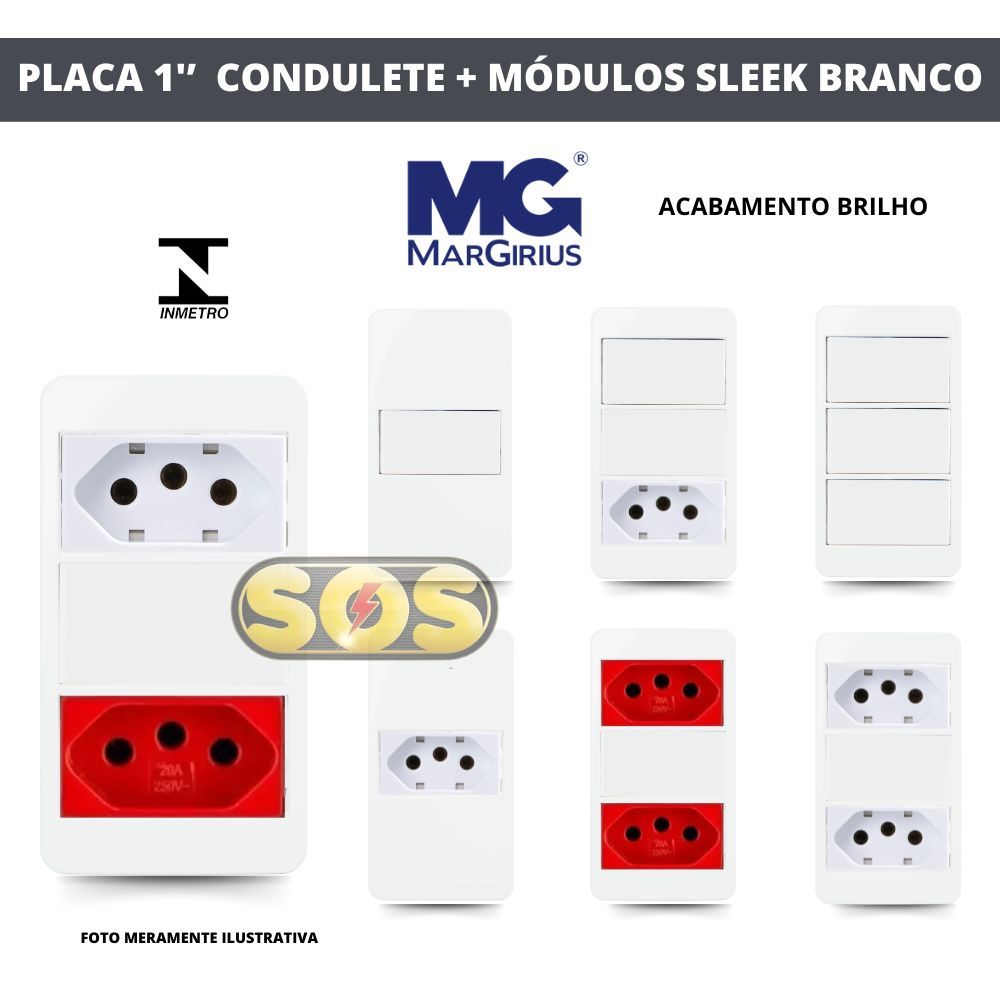 TAMPA CONDULETE  1''  COM INTERRUPTOR SIMPLES PARALELO, TOMADA 10A, 20A SLEEK BRANCO MARGIRIUS