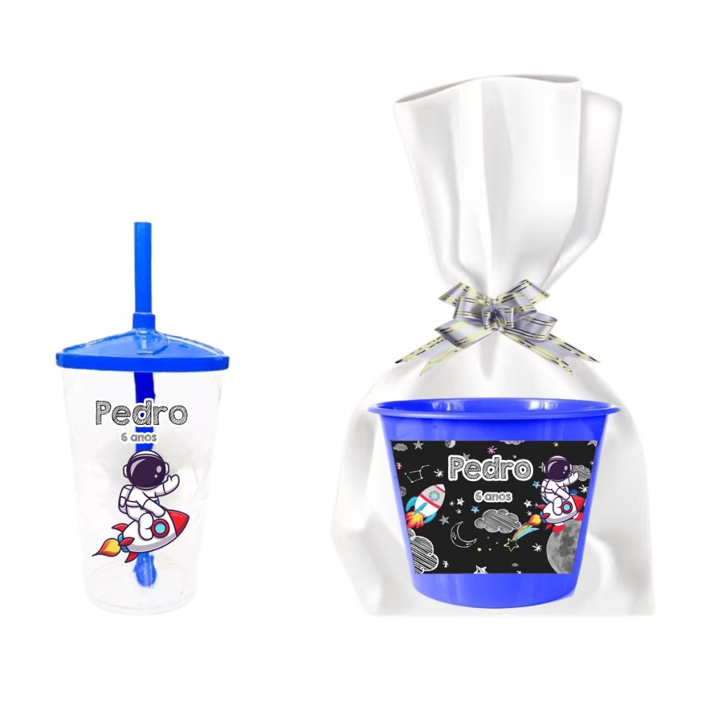 20 Copo Twister + 20 Balde De Pipoca Personalizado Astronauta  com embalagem em Oferta na Shopee