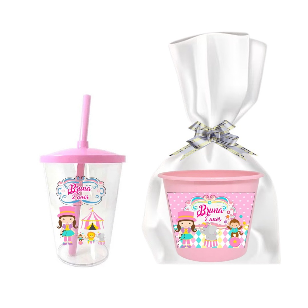 20 Copo Twister + 20 Balde De Pipoca Personalizado Circo rosa  com embalagem em Oferta na Shopee
