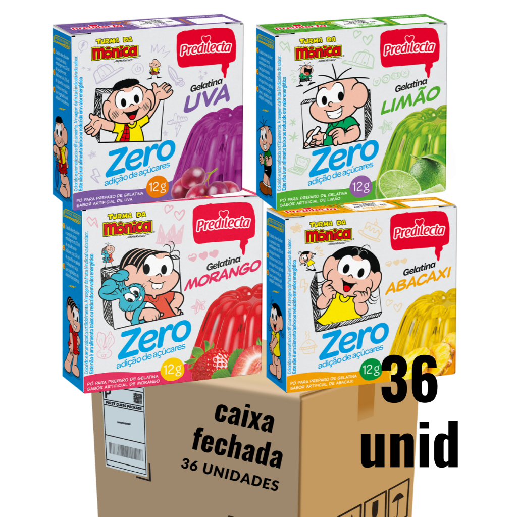 Caixa fechada Gelatina Em Pó Zero Açucar Sabor Uva, Limão, Abacaxi ou Morango