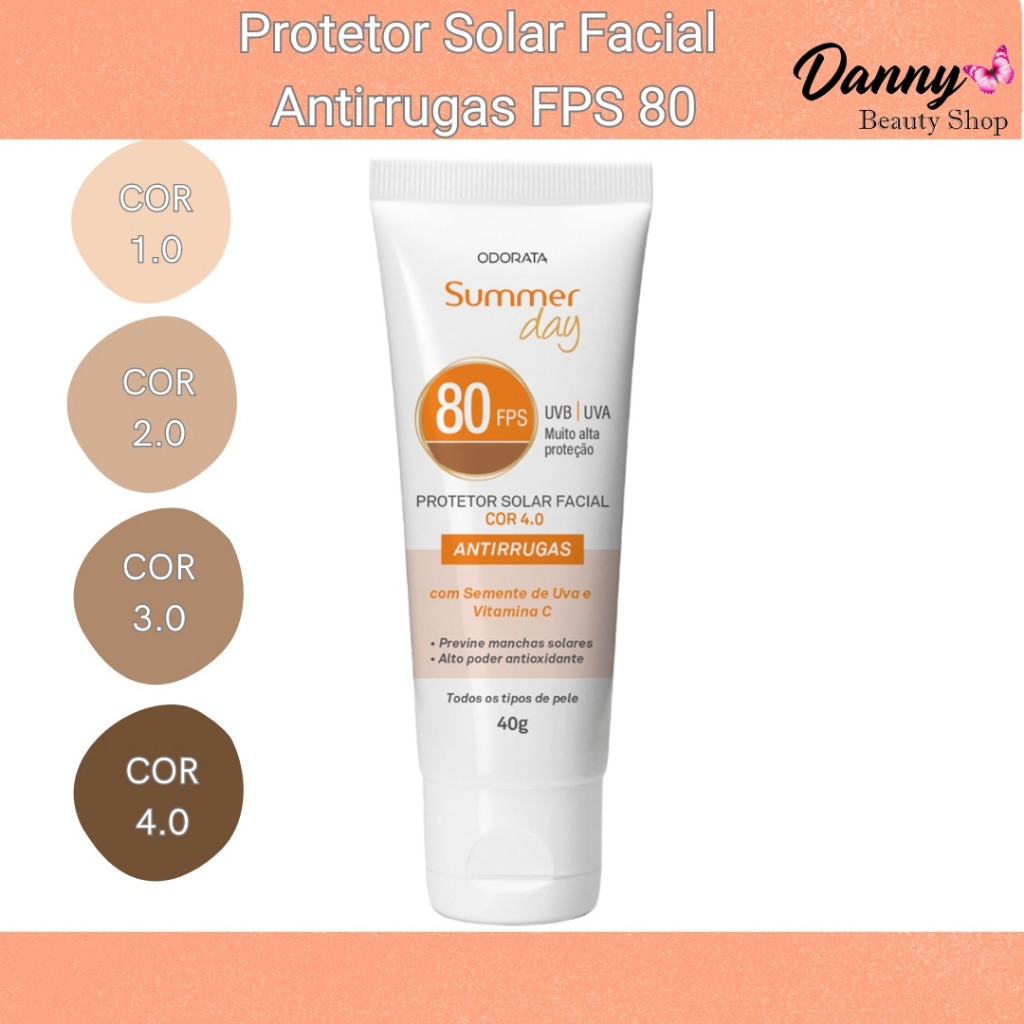 Protetor Solar Facial Antirrugas com cor FPS 80 - Summer Day Odorata 40g em Oferta na Shopee