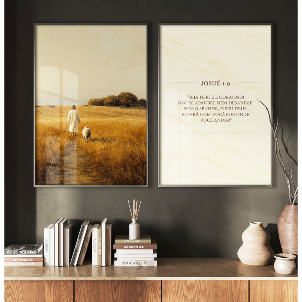 Quadros Decorativos Com Moldura Filete Sala Quarto Religioso Duo Pastor E Ovelha Versículo De Josué em Oferta na Shopee