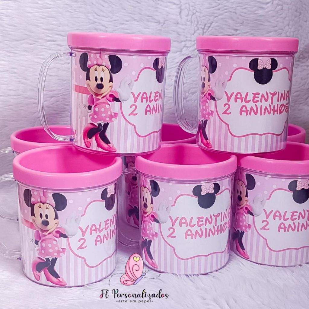 10 canecas acrílica personalizada para festa infantil Minnie Rosa -  lembrancinha tema Minnie rosa - aniversario minnie