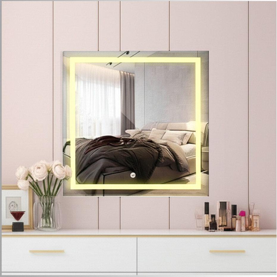 Espelho Quadrado 85x85 Touch Screen Jateado Com Led 3 Cores Banheiro Luxo Camarim Iluminado