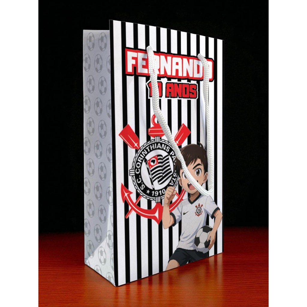 Sacolinha Corinthians Personalizada Festa Menino Fundo Listrado Lembrancinha Kit Festa Sacola Futebol