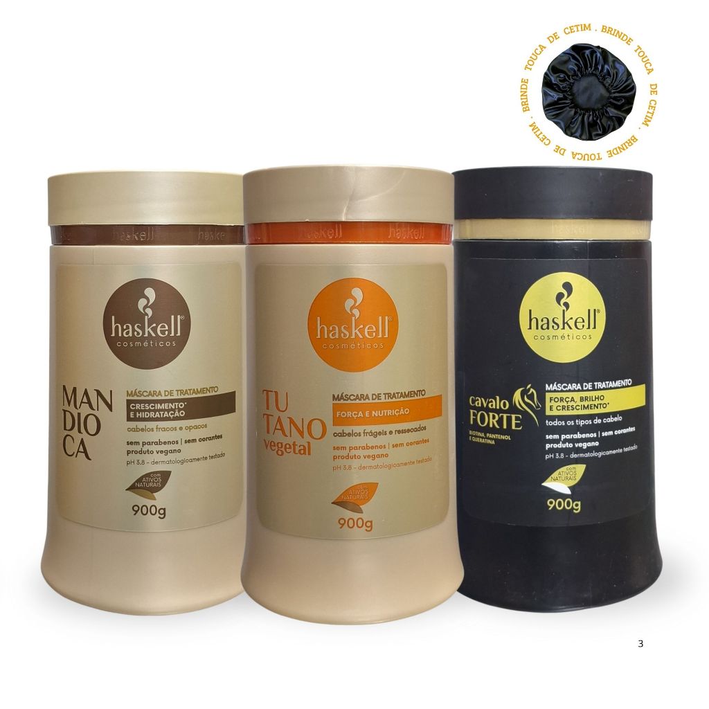 Kit Cronograma Capilar Haskell 900G Máscara Mandioca, Tutano, Cavalo Forte