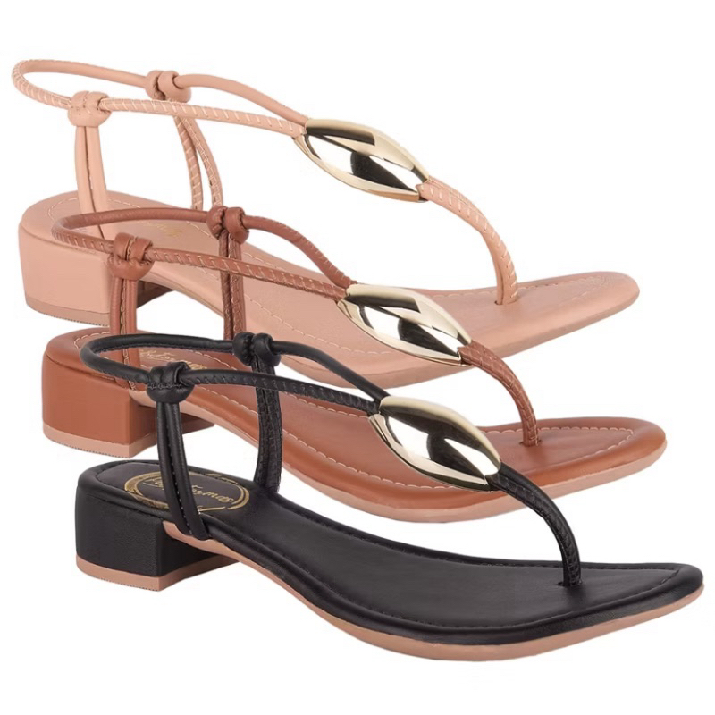 Sandália Salto Baixo Feminina Enfeite de Metal Folha Dourada Casual e Confortável Promoção Dia a Dia