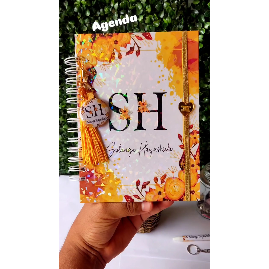 AGENDA CAPA DURA 2026 PERMANENTE Floral  Laranja Com Inicial do Nome