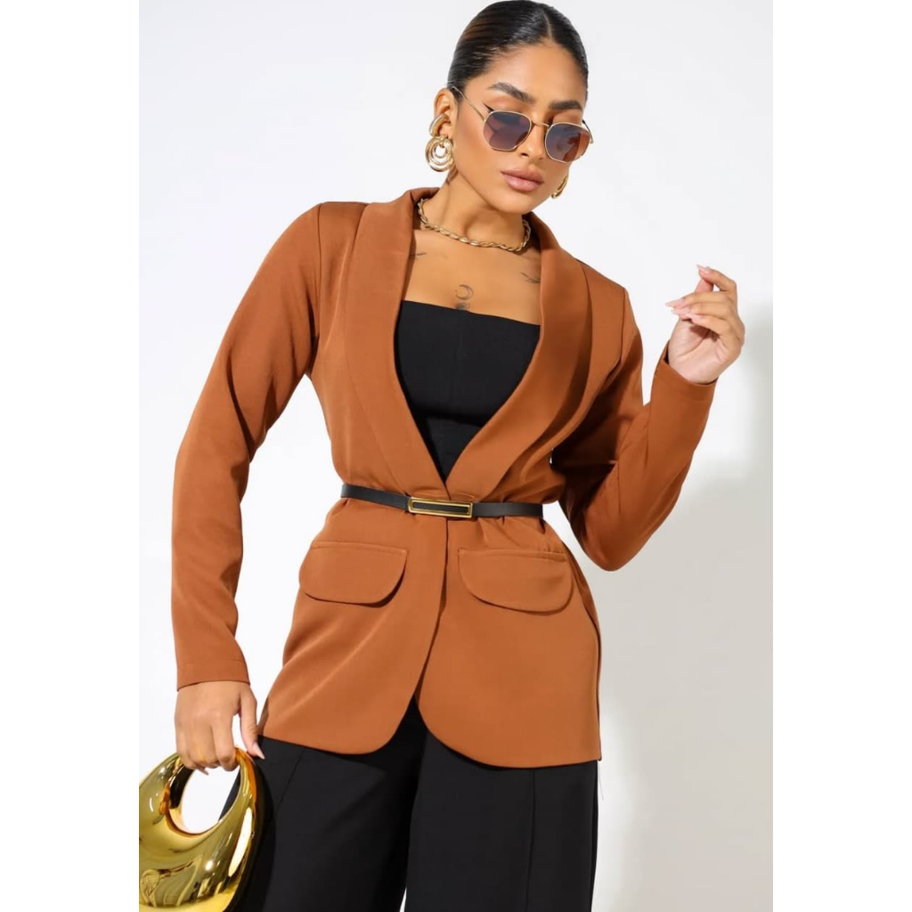 Max Blazer Feminino Alfaiataria Longo sem Botão -Look Elegante P ao GG