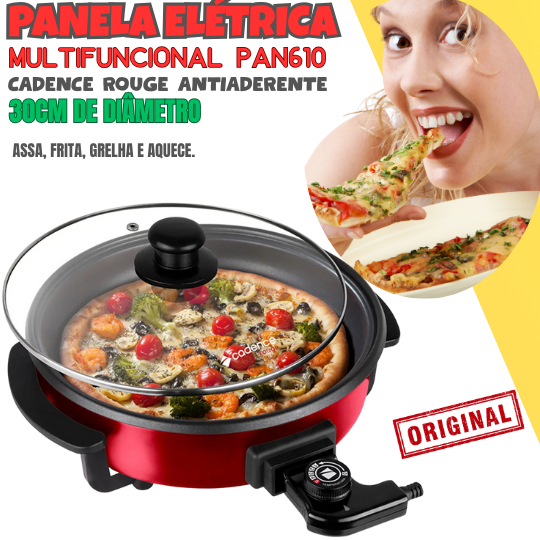 Panela Elétrica Cadence Multifuncional 30cm Antiaderente com Tampa de Vidro – 1.250W - PAN610 Rouge.
