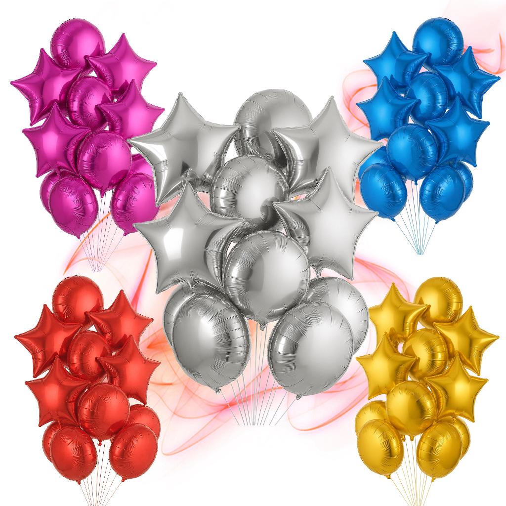 Kit 10 Balões Liso Metalizado 45cm Estrela + Redondo - Buquê De Balão 10Pçs