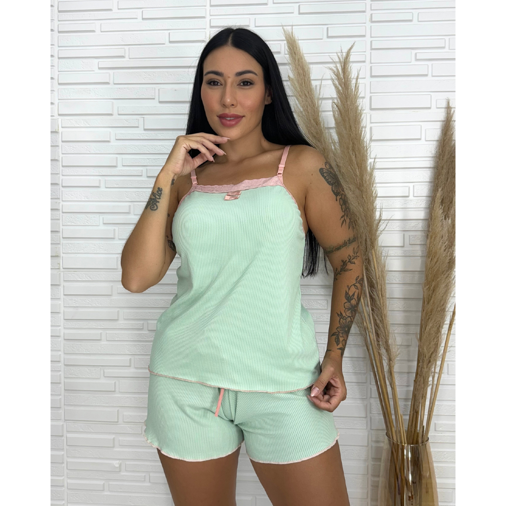Babydoll Feminino Suede Canelado Com Renda Pijama Confortável Verão