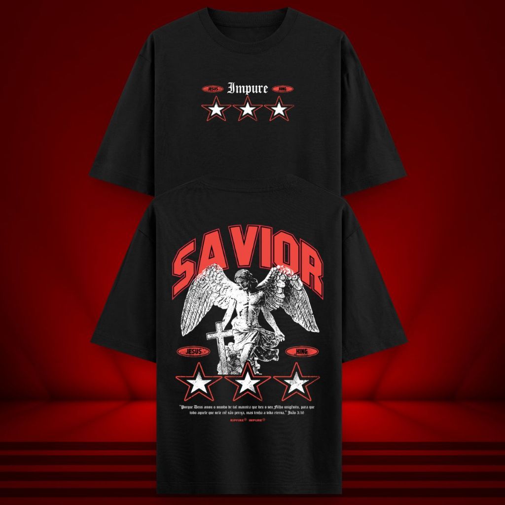 Ripfire Camiseta Oversized Cristã Savior Streetwear Preta 100% Algodão Gola 2x1 180g Unissex PP ao G3