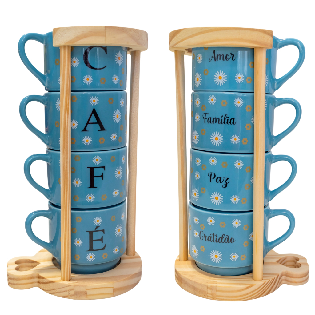 Jogo 4 Canecas de Porcelana Decoradas 200ml com Suporte de Madeira – Café, Chá e Presentes...