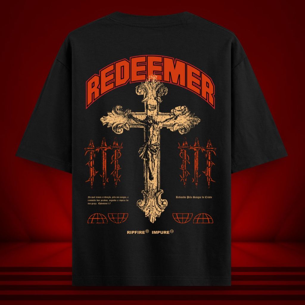 Ripfire Camiseta Oversized Cristã Redeemer Streetwear Preta 100% Algodão Gola 2x1 180g Unissex PP ao G3