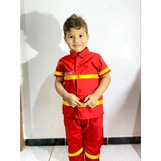 fantasia de bombeiro infantil com calça,acompanha um boné(feito com tecido oxfordine) em Oferta na Shopee