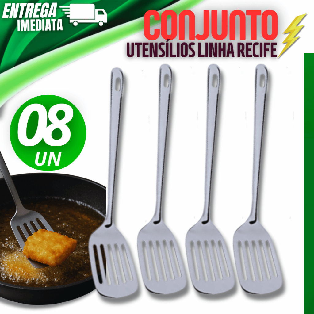 Conjunto Jogo Kit 08 Espátulas Vazadas em Inox Linha Recife | Ideal para Ovos, Hambúrguer e Frituras