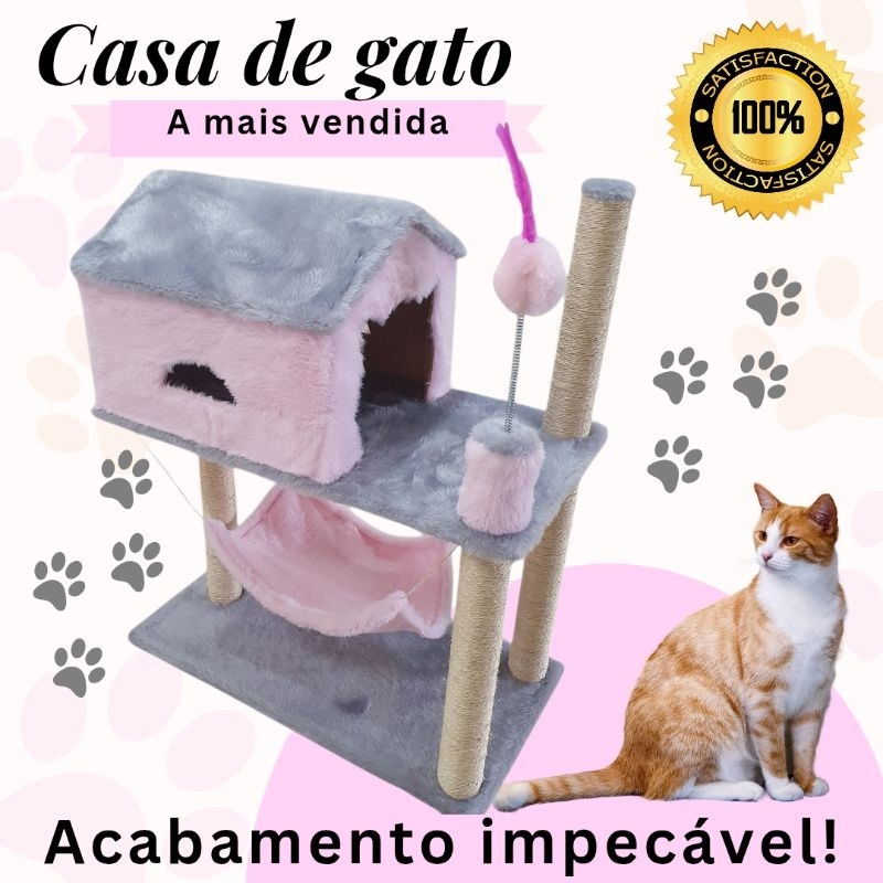 Casa de gatos arranhador  2 andares com rede grande.100% pelucia premium. em Oferta na Shopee