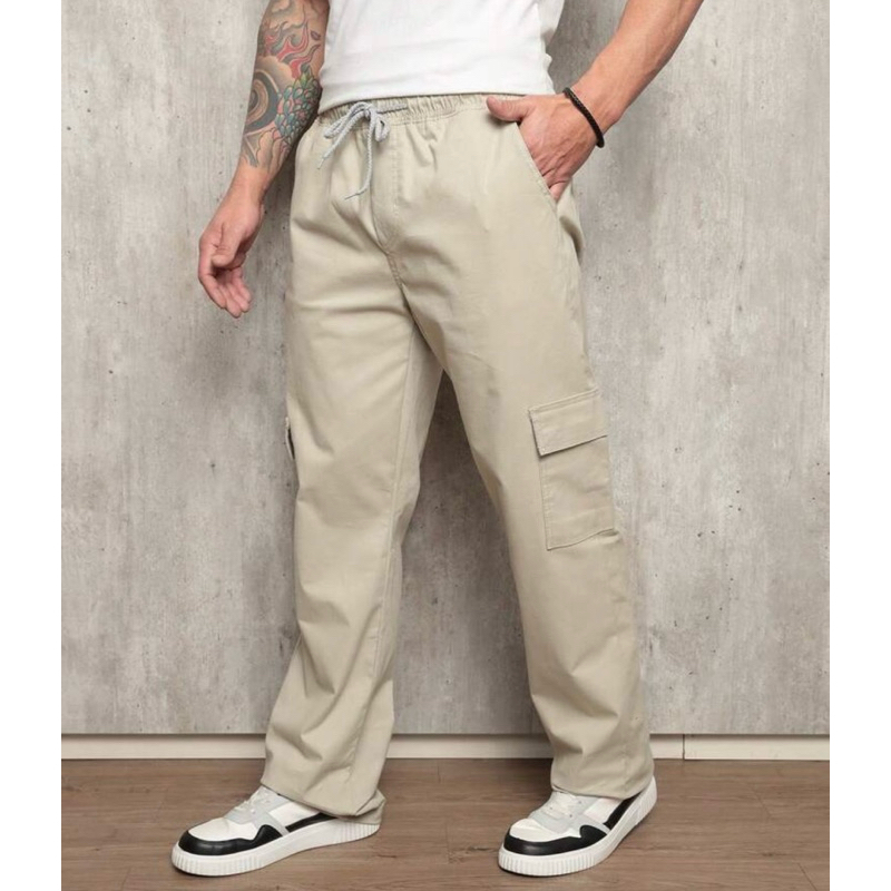 Calça cargo Bege Boca Larga Unissex 6 Bolsos Streetwear