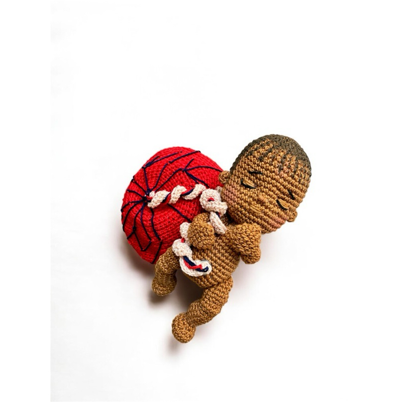 Bebê didático articulado com placenta e cordão umbilical amigurumi crochê doula doulagem educação perinatal enfermagem