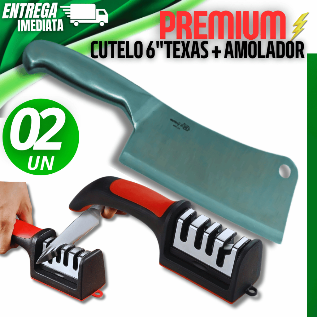 KIT 02 - Cutelo Premium Multiuso Inox + Amolador Afiador de facas Variáveis Utilidades Casa Cozinha