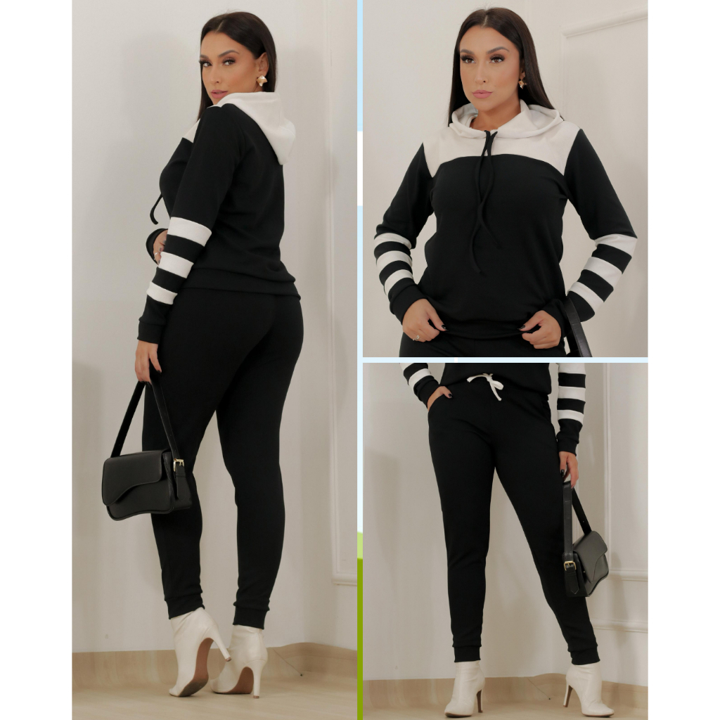 Conjunto Feminino Malha Crepe Capuz Blogueira Roupas Luxo